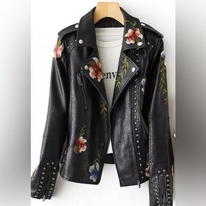 Faux leather jacket with floral embroidery and studs